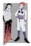  2boys absurdres alternate_costume black_eyes black_hair chewing_gum commentary_request crop_top full_body hand_on_own_hip hands_in_pockets high_heels highres hisoka_morow hunter_x_hunter hxh_neuldo illumi_zoldyck korean_commentary long_hair male_focus multiple_boys redhead short_hair yellow_eyes 