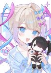  1girl black_hair blonde_hair blue_bow blue_eyes blue_hair blue_nails blush bow character_doll chouzetsusaikawa_tenshi-chan doll hair_bow highres holding holding_doll long_hair long_sleeves looking_at_viewer luna_(luna610) multicolored_hair needy_girl_overdose open_mouth pink_hair quad_tails sailor_collar school_uniform serafuku shirt smile solo twintails upper_body 