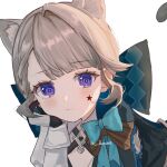  1girl animal_ear_fluff animal_ears blue_bow blush bow brown_hair cat_ears cat_girl cat_tail cleavage_cutout clothing_cutout extra_ears facial_mark genshin_impact gloves hand_on_own_face head_rest highres long_sleeves looking_at_viewer luna_(luna610) lynette_(genshin_impact) short_hair simple_background solo star_(symbol) tail violet_eyes white_background 
