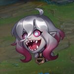  1girl :d ahoge bare_shoulders briar_(league_of_legends) colored_sclera cropped_shoulders fangs grey_eyes grey_hair hair_between_eyes highres league_of_legends official_art open_mouth outdoors pink_hair pink_sclera sharp_teeth smile solo stella_chen_yui teeth tongue 