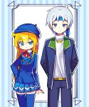  1boy 1girl :3 absurdres alternate_costume black_pants blonde_hair blue_eyes blue_headwear blue_skirt blue_thighhighs blush closed_mouth expressionless grey_hair highres long_hair long_sleeves looking_at_viewer offbeat pants pleated_skirt puyopuyo schezo_wegey short_hair skirt smile thigh-highs witch_(puyopuyo) 