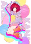  1girl arima_kana beret bob_cut hat highres hood hoodie inverted_bob looking_at_viewer open_mouth orange_socks oshi_no_ko pink_footwear purple_headwear purple_hoodie red_eyes redhead shoes short_hair socks solo xiang_yu_pai 