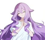  1girl :3 chinese_commentary closed_eyes closed_mouth collarbone facing_viewer hair_between_eyes head_tilt honkai_(series) honkai_impact_3rd long_hair own_hands_together purple_hair shirt short_sleeves simple_background sirin smile upper_body very_long_hair white_background white_shirt 