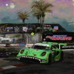  1other :o alien ao_racing audi boo_(mario) car clouds cool_s driving faux_traditional_media godzilla godzilla_(series) goggles graffiti grand_prix_of_long_beach highres imsa_sportscar_championship kellymoss_racing logo mercedes-benz moon motor_vehicle motul_(company) open_mouth painterly palm_tree planet porsche_911 porsche_992 race_vehicle racecar real_world_location rexy_(ao_racing) road_sign sign sky spoiler_(automobile) sponsor super_mario_bros. tree vehicle_focus wavypeso 