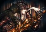  2boys armor black_hair black_robe brothers carrying crown dark_souls_(series) dark_souls_iii embers fire flaming_sword flaming_weapon full_armor grey_hair holding holding_sword holding_weapon hood hood_up hooded_robe long_hair lorian_(elder_prince) lothric_(younger_prince) multiple_boys nightmaresyrup piggyback robe siblings signature sword weapon 