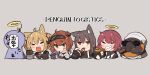  4girls :q ahoge amonitto animal_ears arknights bird black_gloves black_tank_top brown_eyes brown_hair cigar closed_eyes commentary_request croissant_(arknights) cropped_torso detached_ahoge exusiai_(arknights) fingerless_gloves food food_in_mouth gloves green_eyes grin hair_ribbon halo highres holding holding_food horns jewelry lungmen_dollar microphone mouth_hold multiple_girls necklace necktie open_mouth penguin penguin_logistics_(arknights) pocky pocky_in_mouth red_necktie red_ribbon redhead ribbon shirt smile sora_(arknights) sunglasses tank_top texas_(arknights) the_emperor_(arknights) tongue tongue_out translated two_side_up white_shirt 
