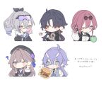  1boy 4girls ? bailu_(honkai:_star_rail) bandaged_arm bandages black_hair blade_(honkai:_star_rail) brown_hair bubble_blowing burger chibi closed_mouth crossed_arms doll_joints flower food gradient_hair hair_between_eyes hair_over_one_eye hat herta_(honkai:_star_rail) holding honkai:_star_rail honkai_(series) horns jacket joints kafka_(honkai:_star_rail) long_hair multicolored_hair multiple_girls one_eye_closed purinacow purple_flower red_eyes silver_wolf_(honkai:_star_rail) simple_background squiggle violet_eyes white_background 