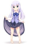  1girl 3: absurdres bare_legs barefoot black_skirt blue_bow blue_bowtie blue_eyes blue_hair blue_vest bow bowtie breasts buttons closed_mouth commentary_request dress_shirt full_body gochuumon_wa_usagi_desu_ka? hair_between_eyes hair_ornament hairclip highres kafuu_chino light_blue_hair long_hair long_sleeves looking_at_viewer rabbit_house_uniform shadow shirt sidelocks simple_background skirt skirt_hold small_breasts solo standing sweatdrop toes vest white_background white_shirt x_hair_ornament yaplus 