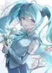  1girl :d absurdres ahoge bare_shoulders black_skirt black_sleeves blue_eyes blue_hair blue_ribbon blush collared_shirt commentary cowboy_shot detached_sleeves flower from_side hair_between_eyes hatsune_miku hatsune_miku_(nt) highres holding holding_flower long_hair long_sleeves looking_at_viewer neck_ribbon number_tattoo open_mouth own_hands_together oyuyu piapro pleated_skirt ribbon shirt sidelocks simple_background skirt sleeveless sleeveless_shirt smile solo tattoo twintails very_long_hair vocaloid white_background white_flower white_shirt 