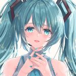  1girl aomo aqua_eyes aqua_hair aqua_nails aqua_necktie artist_name bare_shoulders facing_viewer grey_shirt hatsune_miku light_blush long_hair long_sleeves nail nail_polish necktie portrait shirt sleeveless sleeveless_shirt solo twintails vocaloid 