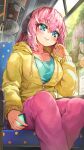  1girl absurdres blue_eyes blush breasts bus_interior closed_mouth collarbone commission day headphones highres hood hoodie large_breasts long_hair long_sleeves melaton original pants pink_hair pink_pants skeb_commission smile solo unzipped window yellow_hoodie 