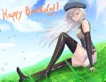  1girl absurdres beret black_footwear blue_sky boots breasts clouds eiyuu_densetsu elbow_gloves english_text fie_claussell floating_hair full_body gloves grass green_eyes hair_between_eyes happy_birthday hat highres kuro_no_kiseki long_hair on_grass sky small_breasts smile solo white_hair wind witch_f 