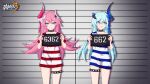  2girls absurdres asymmetrical_horns blue_eyes blue_hair chinese_commentary choker closed_mouth dress hair_ornament height_chart highres holding holding_sign honkai_(series) honkai_impact_3rd horns liliya_olenyeva long_hair looking_at_viewer looking_to_the_side mugshot multiple_girls official_art official_wallpaper pink_hair prison_clothes prisoner rozaliya_olenyeva shirt siblings sign single_horn sisters smile striped striped_dress striped_shirt twins 