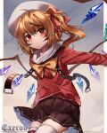  absurdres ahoge alternate_costume black_skirt blonde_hair closed_mouth commentary_request crystal flandre_scarlet gradient_background grey_background highres long_sleeves medium_hair miniskirt one_side_up signature skirt thigh-highs top-exerou touhou white_headwear white_thighhighs wings 