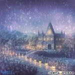  artist_name bridge building concept_art garutaisa gazebo lantern night night_sky no_humans original outdoors rain scenery sky water 