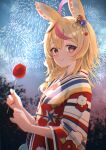  1girl animal_ears blonde_hair candy fireworks food fox_ears fox_girl from_side hair_between_eyes highres holding holding_candy holding_food hololive japanese_clothes katuko_deluxe kimono long_hair multicolored_hair omaru_polka pink_hair smile solo streaked_hair upper_body violet_eyes virtual_youtuber yukata 