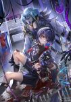  2boys blood blood_splatter blue_hair dottore_(genshin_impact) genshin_impact highres indoors japanese_clothes male_focus mask multiple_boys purple_hair qiuci_708 scaramouche_(genshin_impact) shorts thighs violet_eyes 