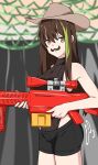  1girl ass_shake breasts brown_hair cowboy_hat english_commentary fake_facial_hair fake_mustache girls_frontline hat highres long_hair m4a1_(girls&#039;_frontline) multicolored_hair nerf_gun scope short_shorts shorts sideboob solo streaked_hair vanna 