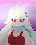  hair_ornament hairclip highres long_hair non-web_source original red_eyes red_vest scarf sky thick_eyebrows vest white_hair 