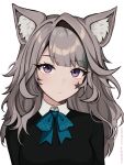  1girl alternate_hairstyle animal_ears black_shirt blue_bow blue_bowtie bow bowtie cat_ears commentary facial_mark genshin_impact grey_hair highres long_hair looking_at_viewer lynette_(genshin_impact) shirt star_(symbol) upper_body vickie_(cryingrobot) violet_eyes 