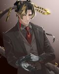  1boy alternate_costume arknights black_gloves black_hair black_jacket black_shirt black_suit blonde_hair buttons chong_yue_(arknights) collared_shirt commentary dragon_boy dragon_horns dragon_tail earrings formal gloves gold_trim highres horns jacket jewelry kyouno_(echo_field) light_smile long_hair looking_to_the_side male_focus multicolored_hair necktie parted_bangs pointy_ears red_eyes red_necktie shirt solo streaked_hair suit tail tassel tassel_earrings upper_body 