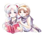  2girls book brown_eyes brown_hair dress fire_emblem fire_emblem:_genealogy_of_the_holy_war grey_hair holding holding_book kitazawa_eri linda_(fire_emblem:_genealogy_of_the_holy_war) long_hair multiple_girls open_mouth short_hair sleeveless sleeveless_dress smile tine_(fire_emblem) twintails violet_eyes 