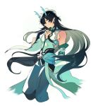 1boy bare_shoulders black_gloves black_hair blue_pants closed_mouth colored_inner_hair dan_heng_(honkai:_star_rail) dan_heng_(imbibitor_lunae)_(honkai:_star_rail) detached_sleeves dragon_horns earrings elbow_gloves fingerless_gloves gloves green_eyes green_hair h02515419 hair_between_eyes hand_up honkai:_star_rail honkai_(series) horns jewelry long_hair long_sleeves looking_at_viewer male_focus mandarin_collar multicolored_hair muscular muscular_male official_alternate_costume official_alternate_hairstyle pants pointy_ears shirt sidelocks simple_background solo standing white_background white_shirt wide_sleeves 