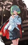  1girl absurdres antenna_hair antennae aqua_eyes black_shorts cape closed_mouth collared_shirt commentary english_commentary green_hair highres light_particles long_sleeves looking_at_viewer outdoors shirt short_hair shorts smile solo touhou vanilla_flan white_shirt wriggle_nightbug 