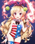  1girl american_flag_legwear animal_ears blonde_hair blush clownpiece collarbone cowboy_shot fake_animal_ears highres holding holding_torch leotard long_hair looking_at_viewer open_mouth pom_pom_(clothes) rabbit_ears red_eyes ruu_(tksymkw) smile solo star_(symbol) star_print strapless strapless_leotard striped striped_leotard striped_thighhighs thigh-highs torch touhou wrist_cuffs 