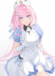  1girl :d apron artist_name blue_eyes breasts chinese_commentary commentary dress elf elysia_(honkai_impact) frills gloves hair_ornament hat highres holding holding_syringe honkai_(series) honkai_impact_3rd large_breasts long_hair looking_at_viewer nurse nurse_cap open_mouth pink_hair pink_pupils pointy_ears puffy_short_sleeves puffy_sleeves short_sleeves simple_background sitting smile solo syringe white_background white_dress white_gloves white_headwear yukiri_(l_ii) 