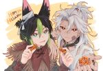  2boys alternate_costume black_hair candy commentary_request cyno_(genshin_impact) english_text erhuo food genshin_impact green_eyes green_hair grey_hair halloween halloween_costume holding holding_candy holding_food long_hair looking_at_viewer male_focus multicolored_hair multiple_boys red_eyes short_hair smile tighnari_(genshin_impact) torn_clothes upper_body 