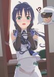  !? 1boy 1girl admiral_(kancolle) antenna_hair bare_shoulders blue_hair blush body_switch commentary_request desk elbow_gloves gloves green_eyes hair_ribbon hands_on_own_cheeks hands_on_own_face highres kantai_collection long_hair looking_at_mirror low_twintails mirror open_mouth personality_switch reflection ribbon sailor_collar shirt sleeveless sleeveless_shirt solo_focus surprised suzukaze_(kancolle) twintails yuu+ 