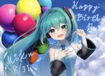  1girl absurdres balloon blue_eyes blue_hair blush character_name collared_shirt dated day detached_sleeves hair_ornament hand_on_own_chest happy_birthday hatsune_miku headphones highres holding holding_balloon long_hair long_sleeves nail_polish necktie open_mouth shirt sky sleeveless sleeveless_shirt smile solo suiren_nei upper_body very_long_hair vocaloid 