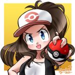  1girl 2020 baseball_cap blue_eyes breasts brown_hair hat high_ponytail hilda_(pokemon) holding holding_poke_ball long_hair looking_at_viewer open_mouth poke_ball poke_ball_(basic) pokemon pokemon_(game) pokemon_bw ponytail shirt sidelocks smile solo stalkingp vest white_shirt wristband 