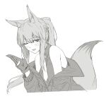  1girl absurdres animal_ear_fluff animal_ears arknights bare_shoulders blush braid breasts commentary_request fox_ears fox_tail franka_(arknights) gloves greyscale hair_between_eyes highres jacket kyoro_(kyoroillust) long_hair looking_at_viewer medium_breasts monochrome necktie one_eye_closed open_clothes open_jacket open_mouth partially_fingerless_gloves ponytail shirt sleeveless sleeveless_shirt solo tail very_long_hair 