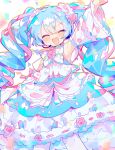  1girl arm_up armpits blue_hair blurry blurry_foreground blush bow bowtie closed_eyes commentary confetti cowboy_shot detached_sleeves dress drill_hair english_text hair_ribbon happy hatsune_miku highres layered_dress maid_headdress microphone open_mouth pastel_colors pink_ribbon ribbon simple_background solo twintails uenomigi vocaloid white_background white_bow white_bowtie white_dress white_sleeves 