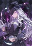 1girl argyle argyle_background black_dress black_headwear blue_eyes candle closed_mouth crystal_ball dress fire hat heterochromia highres holding holding_candle kitada_mo long_hair long_sleeves looking_at_viewer original puffy_sleeves purple_fire solo violet_eyes white_hair 