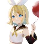  1girl :3 balloon blonde_hair blue_eyes blush bow crop_top detached_sleeves hair_bow hair_ornament hairclip headphones holding holding_balloon kagamine_rin long_sleeves looking_at_viewer midriff neckerchief number_hair_ornament sailor_collar shirt short_hair sleeveless sleeveless_shirt smile solo suiren_nei upper_body vocaloid white_background 