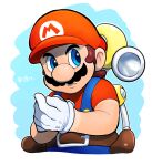  1boy blue_eyes blue_overalls brown_footwear f.l.u.d.d. facial_hair gloves graffiti hat hoshi_(star-name2000) mario mustache overalls red_headwear red_shirt shirt short_sleeves solo super_mario_bros. super_mario_sunshine 