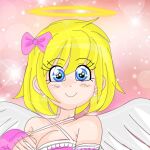  angel angel_wings blonde_hair blue_eyes bob_cut detached_sleeves earrings highres jewelry non-web_source original sparkle_background wings 