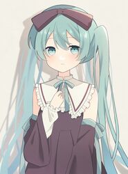  1girl absurdres blue_eyes blue_hair blush bow collared_dress detached_sleeves dress frilled_shirt_collar frills hair_bow hand_on_own_chest hatsune_miku highres long_hair long_sleeves looking_at_viewer neck_ribbon ribbon sleeveless sleeveless_dress smile solo twintails upper_body very_long_hair vocaloid yomiya_yumeha 