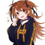  1girl arm_at_side black_hoodie brown_hair clothes_writing dot_nose ear_piercing fang hand_up hood hood_down hoodie kome_(okomesankun) long_hair long_sleeves looking_at_viewer open_mouth orange_eyes orange_nails piercing re:act shishigami_leona simple_background smile solo twintails two_side_up upper_body v virtual_youtuber white_background 