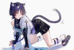  1boy all_fours animal_ears auaua_0511 bishounen cat_boy cat_ears cat_tail genshin_impact highres japanese_clothes male_focus one_eye_closed open_mouth purple_hair sandals scaramouche_(genshin_impact) short_hair shorts simple_background sleeveless solo tail thighs violet_eyes wanderer_(genshin_impact) white_background 