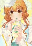  1girl absurdres blush cup disposable_cup double_bun drinking drinking_straw hair_bun hat highres holding holding_cup idolmaster idolmaster_cinderella_girls looking_at_viewer mini_hat moroboshi_kirari nyowa_pomu_pie orange_hair sidelocks simple_background smile solo upper_body yellow_background 