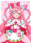  1girl :q apron back_bow bow brooch choker closed_mouth commentary cone_hair_bun cure_precious delicious_party_precure double_bun dress earrings fox gloves hair_bow hair_bun hairband heart heart_brooch highres jewelry kome-kome_(precure) kuromitsu_(963kuromi) large_bow light_particles long_hair looking_at_viewer magical_girl nagomi_yui off-shoulder_dress off_shoulder own_hands_together pink_dress pink_hair precure red_bow red_choker red_hairband red_ribbon ribbon smile solo standing tongue tongue_out very_long_hair violet_eyes waist_apron white_gloves 