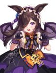 1girl animal_ears black_bow black_bowtie bow bowtie brown_hair claw_pose fangs gloves hair_over_one_eye halloween highres horse_ears horse_girl long_hair looking_at_viewer make_up_in_halloween!_(umamusume) official_alternate_costume puffy_short_sleeves puffy_sleeves purple_gloves rice_shower_(make_up_vampire!)_(umamusume) rice_shower_(umamusume) salt_(salty) shirt short_sleeves solo umamusume violet_eyes white_shirt 
