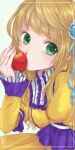  1girl apple blue_ribbon ccapsule character_request dress eiyuden_chronicle:_hundred_heroes food fruit green_eyes hair_ornament hair_ribbon long_hair looking_at_viewer red_apple ribbon simple_background solo white_background yellow_dress 