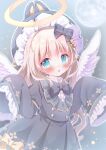  1girl angel angel_wings animal_ears blonde_hair blue_eyes blush bow chestnut_mouth dress fake_animal_ears feathered_wings frilled_sleeves frills hair_bow halo hanasakichu hat highres long_hair long_sleeves moon night night_sky open_mouth original rabbit_ears sky sleeves_past_fingers sleeves_past_wrists solo sparkle star_(sky) starry_sky upper_body very_long_hair wings 