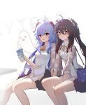  2girls :d absurdres alternate_costume bell black_hair blue_hair boo_tao_(genshin_impact) chinese_clothes commentary_request cosplay cup disposable_cup drinking_straw ganyu_(genshin_impact) ganyu_(genshin_impact)_(cosplay) ganyu_(heytea)_(genshin_impact) genshin_impact ghost goat_horns hair_between_eyes hair_ribbon highres holding holding_cup horns hu_tao_(genshin_impact) long_hair looking_at_viewer low_ponytail multiple_girls neck_bell official_alternate_costume qixia red_eyes ribbon short_sleeves sidelocks simple_background sitting smile symbol-shaped_pupils twintails violet_eyes white_background 