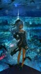  1girl absurdres advarcher beret black_jacket blue_eyes blue_hair building choker city cityscape clouds commentary english_commentary hat high_heels highres hololive hoshimachi_suisei hoshimachi_suisei_(3rd_costume) jacket long_sleeves looking_at_viewer looking_back medium_hair night night_sky off_shoulder on_rooftop orange_pantyhose outdoors pantyhose shooting_star sky skyline skyscraper star_(sky) starry_sky v virtual_youtuber 